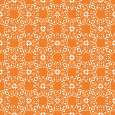 Turuncu zemin üzerine beyaz çiçek süsleme. Tekstil ve duvar kağıtları için seamless modeli