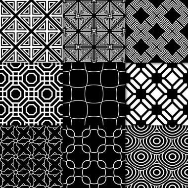 Siyah ve beyaz geometrik süsler. Web, Tekstil ve duvar kağıtları için klasik Dikişsiz desen koleksiyonu