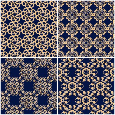 Çiçek desenleri. Altın mavi sorunsuz arka planlar kümesi. Vektör illustraton