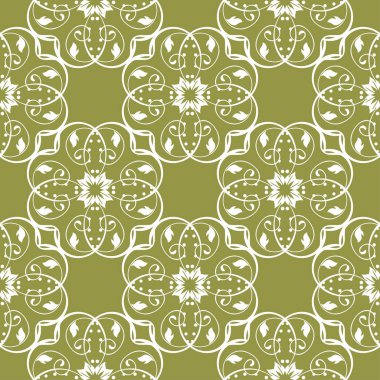 Zeytin yeşil zemin üzerine beyaz çiçek süsleme. Tekstil ve duvar kağıtları için seamless modeli