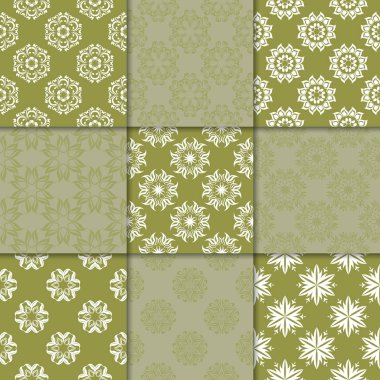 Zeytin Yeşil çiçekli süsler. Kağıt için dikişsiz desen koleksiyonu Tekstil