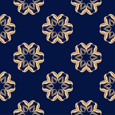 Koyu mavi zemin üzerine altın çiçek süsleme. Tekstil ve duvar kağıtları için seamless modeli