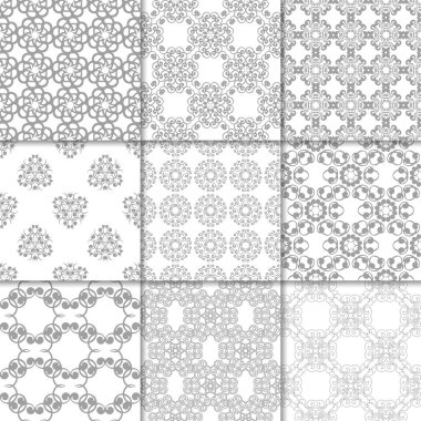 Gri ve beyaz çiçekli süsler. Kağıt için tarafsız Dikişsiz desen koleksiyonu Tekstil