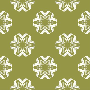 Zeytin yeşil zemin üzerine beyaz çiçek süsleme. Tekstil ve duvar kağıtları için seamless modeli