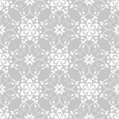 Gri arka plan üzerinde beyaz çiçekler. Tekstil ve duvar kağıtları için süs seamless modeli