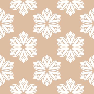 Bej renkli arka plan üzerinde beyaz çiçek süsleme. Tekstil ve duvar kağıtları için seamless modeli