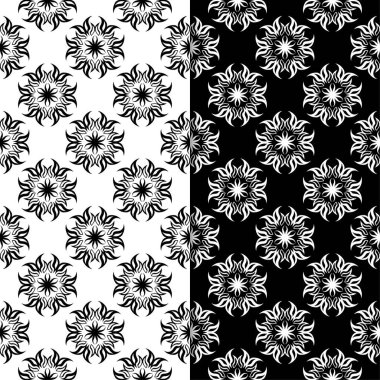 Siyah ve beyaz çiçekli süsler. Tekstil ve duvar kağıtları için sorunsuz arka planlar kümesi