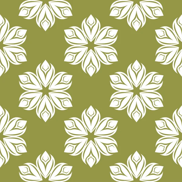Zeytin Yeşil Zemin Üzerine Beyaz Çiçek Süsleme Tekstil Duvar Kağıtları — Stok Vektör