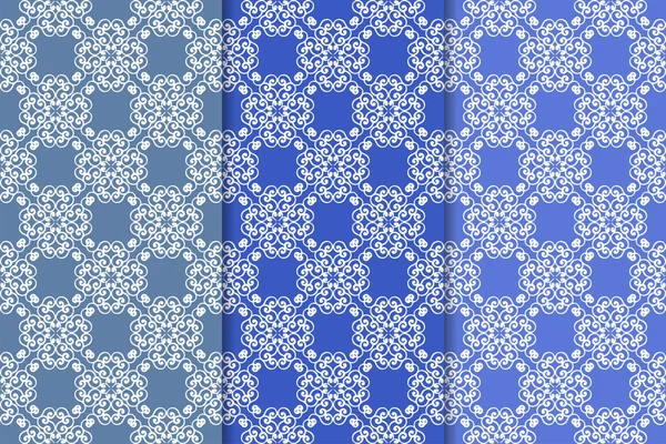 Blå Blommig Ornament Uppsättning Vertikala Sömlösa Mönster Tapet Bakgrunder — Stock vektor