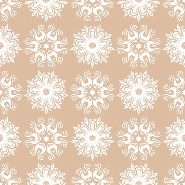 Bej renkli arka plan üzerinde beyaz çiçek süsleme. Tekstil ve duvar kağıtları için seamless modeli