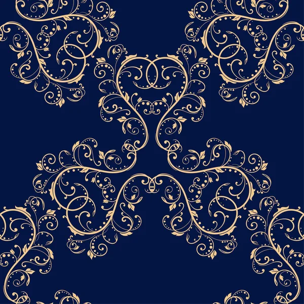 Золотий Квітковий Орнамент Темно Синьому Фоні Безшовний Візерунок Текстилю Шпалер — стоковий вектор