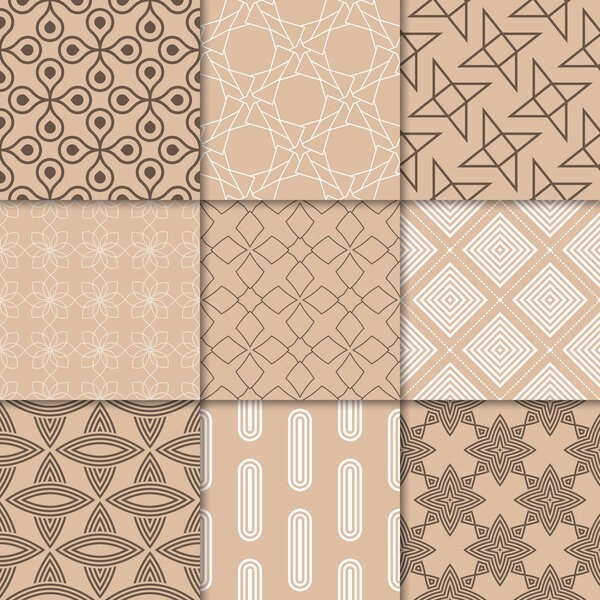Коричнево-бежевые геометрические украшения. Коллекция бесшовных шаблонов для веб, текстиля и обоев
