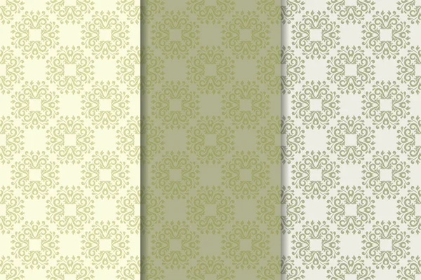 Conjunto Adornos Florales Conjunto Patrones Verticales Sin Costura Color Verde — Vector de stock