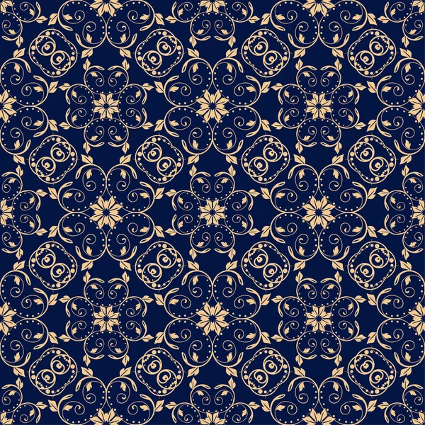 Golden Floral Element Donker Blauwe Achtergrond Naadloze Patroon Voor Textiel — Stockvector