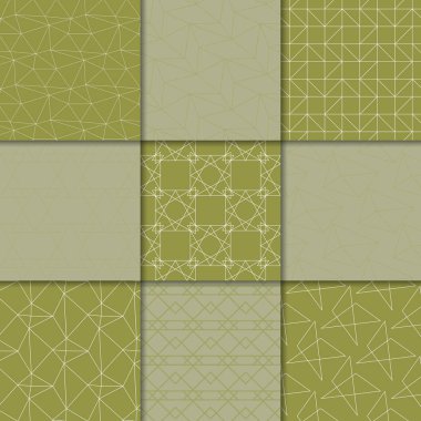 Zeytin yeşili geometrik süsler. Web, Tekstil ve duvar kağıtları için dikişsiz desen koleksiyonu