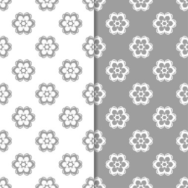 Beyaz ve gri arka plan çiçek kümesi. Tekstil ve duvar kağıtları için dikişsiz desen