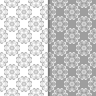 Beyaz ve gri çiçek süs tasarımlar. Tekstil ve duvar kağıtları için dikişsiz desen seti