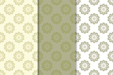 Zeytin yeşili ve beyaz çiçek arka planlar. Tekstil ve duvar kağıtları için dikişsiz desen seti