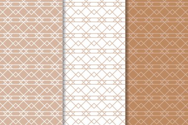 Kahverengi ve beyaz geometrik süsler. Web, Tekstil ve duvar kağıtları için dikişsiz desen seti