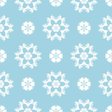 Mavi zemin üzerine beyaz çiçek süsleme. Tekstil ve duvar kağıtları için seamless modeli