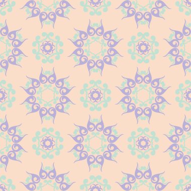 Bej renkli çiçek arka plan. Duvar kağıtları, Tekstil ve kumaş için mor ve mavi elemanları ile Seamless modeli