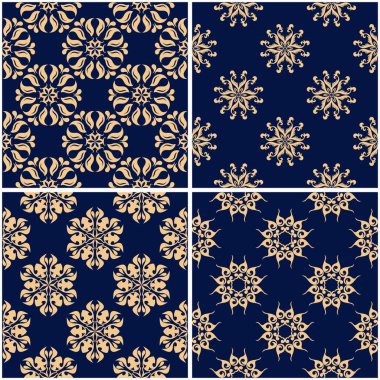 Çiçek desenleri. Altın mavi sorunsuz arka planlar kümesi. Vektör illustraton