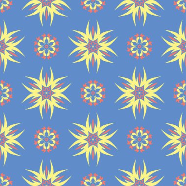 Çiçek tasarım ile mavi seamless modeli. Renkli arka plan duvar kağıtları, Tekstil ve kumaş için kırmızı sarı çiçek öğeleri ile