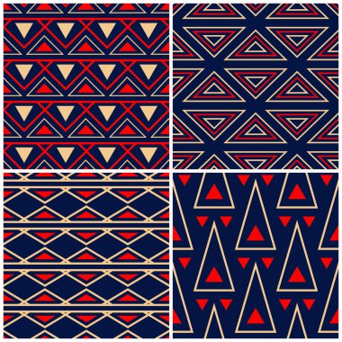 Sorunsuz arka planlar. Mavi klasik bej ve kırmızı duvar kağıtları, Tekstil ve kumaş için geometrik desenlerle ayarlar