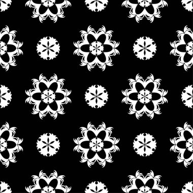 Siyah arka plan üzerine beyaz çiçek süsleme. Tekstil ve duvar kağıtları için seamless modeli