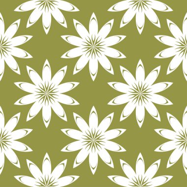 Zeytin yeşil zemin üzerine beyaz çiçekler. Tekstil ve duvar kağıtları için süs seamless modeli