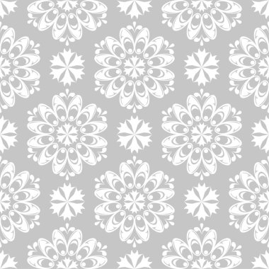 Gri arka plan üzerinde beyaz çiçek tasarım. Tekstil ve duvar kağıtları için seamless modeli