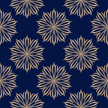 Koyu mavi zemin üzerine altın çiçek tasarım. Tekstil ve duvar kağıtları için seamless modeli
