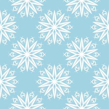 Mavi zemin üzerine beyaz çiçek süsleme. Tekstil ve duvar kağıtları için seamless modeli