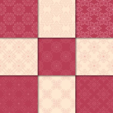 Kiraz kırmızı ve bej çiçekli süsler. Kağıt için dikişsiz desen koleksiyonu Tekstil