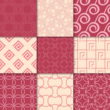 Kiraz kırmızı ve bej geometrik süsler. Web, Tekstil ve duvar kağıtları için dikişsiz desen koleksiyonu