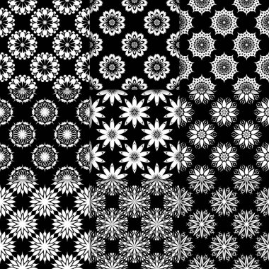 Siyah ve beyaz çiçekli süsler. Koleksiyon için kağıt, tek renkli Dikişsiz desen Tekstil