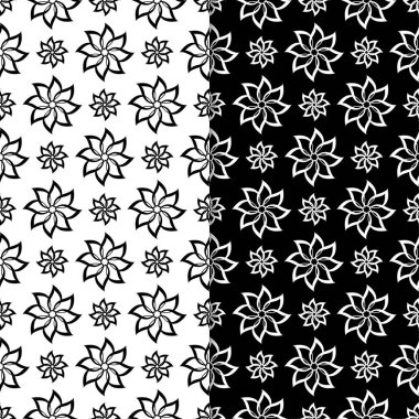 Siyah ve beyaz çiçek arka planlar. Tek renkli Dikişsiz desen Tekstil ve duvar kağıtları için set