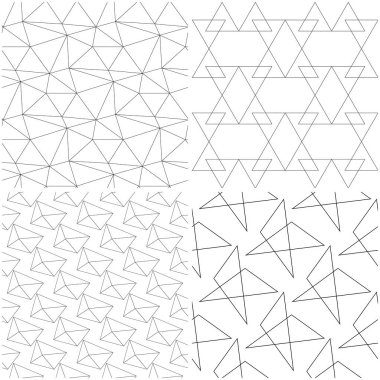 Poligonal geometrik desenler. Siyah beyaz tek renkli kesintisiz arka planlar kümesi. Vektör çizim