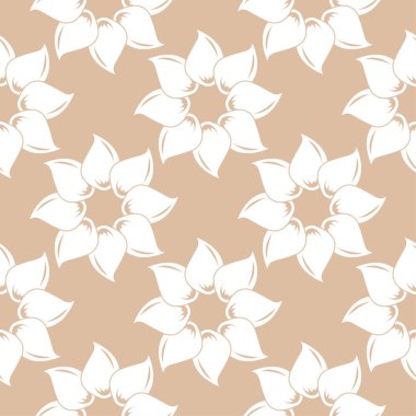Bej renkli arka plan üzerinde beyaz çiçek süsleme. Tekstil ve duvar kağıtları için seamless modeli