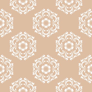 Bej renkli arka plan üzerinde beyaz çiçek süsleme. Tekstil ve duvar kağıtları için seamless modeli