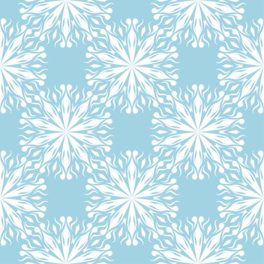 Mavi zemin üzerine beyaz çiçek süsleme. Tekstil ve duvar kağıtları için seamless modeli