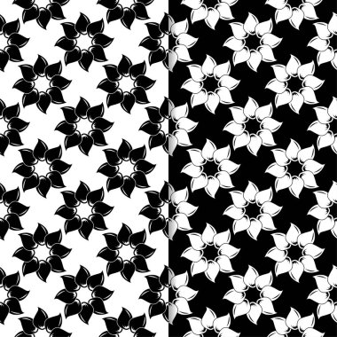Siyah ve beyaz çiçek arka planlar. Tekstil ve duvar kağıtları için dikişsiz desen seti