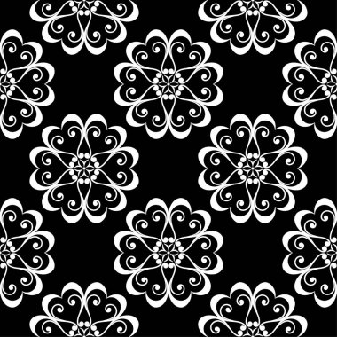 Siyah arka plan üzerine beyaz çiçek tasarım. Tekstil ve duvar kağıtları için seamless modeli