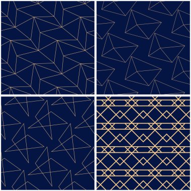 Geometrik desenler. Altın mavi sorunsuz arka planlar kümesi. Vektör çizim