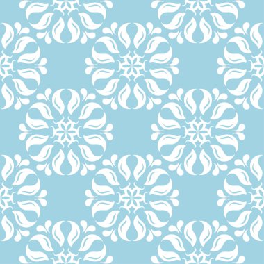 Mavi zemin üzerine beyaz çiçek süsleme. Tekstil ve duvar kağıtları için seamless modeli