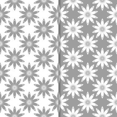 Beyaz ve gri çiçek süsler. Tekstil ve duvar kağıtları için sorunsuz arka planlar kümesi