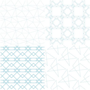 Geometrik desenler. Beyaz mavi öğeleri kümesi. Sorunsuz arka planlar. Vektör çizim