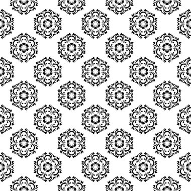 Beyaz arka planda siyah çiçek süsleme. Tekstil ve duvar kağıtları için seamless modeli