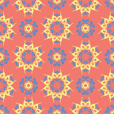 Çiçek tasarım seamless modeli. Duvar kağıtları ve kumaşlar için somon kırmızı zemin üzerine parlak sarı ve mavi çiçek öğeleri