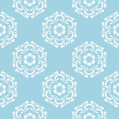 Mavi zemin üzerine beyaz çiçek süsleme. Tekstil ve duvar kağıtları için seamless modeli